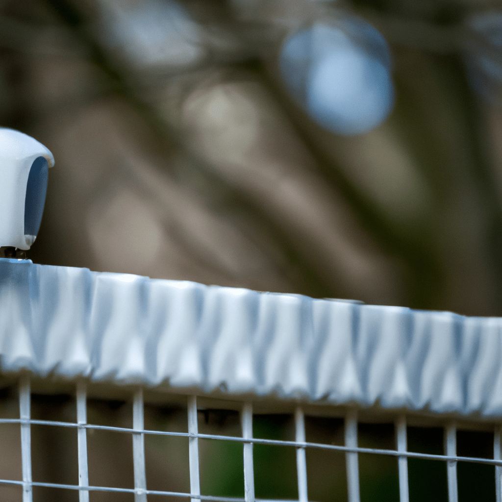 [CAMERA] A close-up photo of a wireless alarm system installed on a fence, providing reliable and efficient protection.. Sigma 85 mm f/1.4. No text.