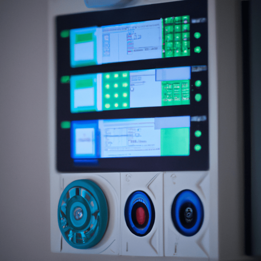 A photo of a centrally located control panel for a wireless home security system, with various sensors and detectors connected to it.. Sigma 85 mm f/1.4. No text.