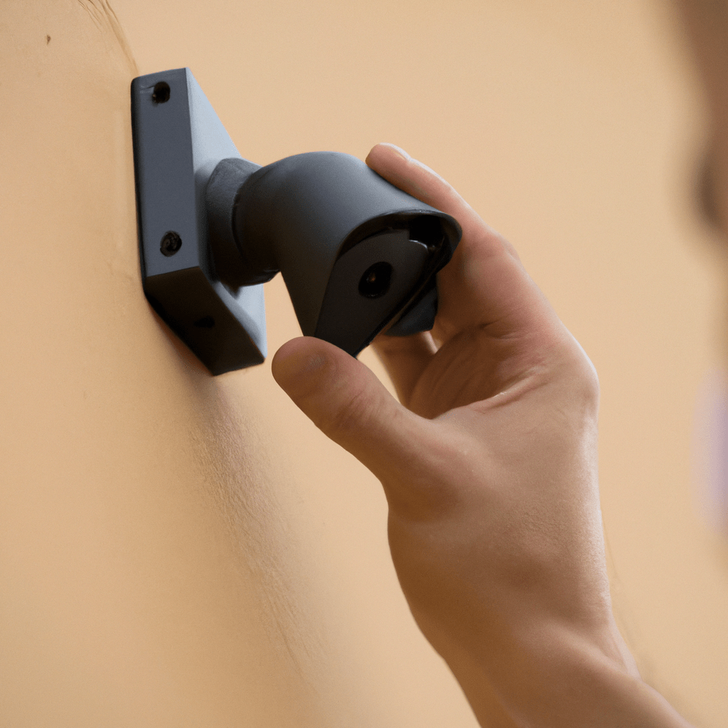 A photo of a person holding a wireless camera while installing it on a wall.. Sigma 85 mm f/1.4. No text.