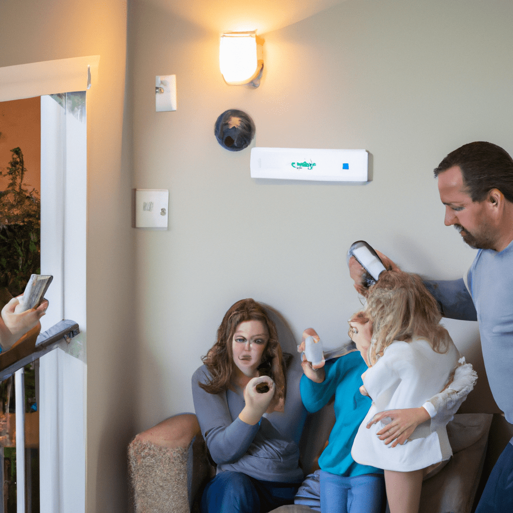 A photo of a family testing the wireless security system in their home. They are checking its mobile app control, integration with other devices, and motion detection features. Sigma 85mm f/1.4. No text.. Sigma 85 mm f/1.4. No text.