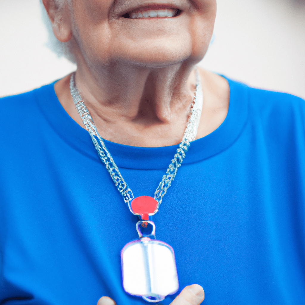 2 - PHOTO: An elderly person wearing a personal alarm necklace for safety and security. Peace of mind for both seniors and their families.. Sigma 85 mm f/1.4. No text.