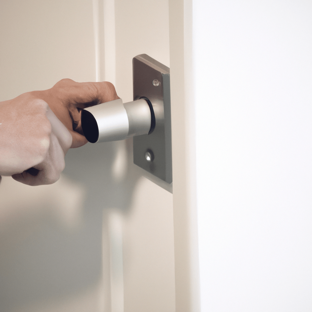 [Photo: A person attaching a motion sensor to a door]. Sigma 85 mm f/1.4. No text.